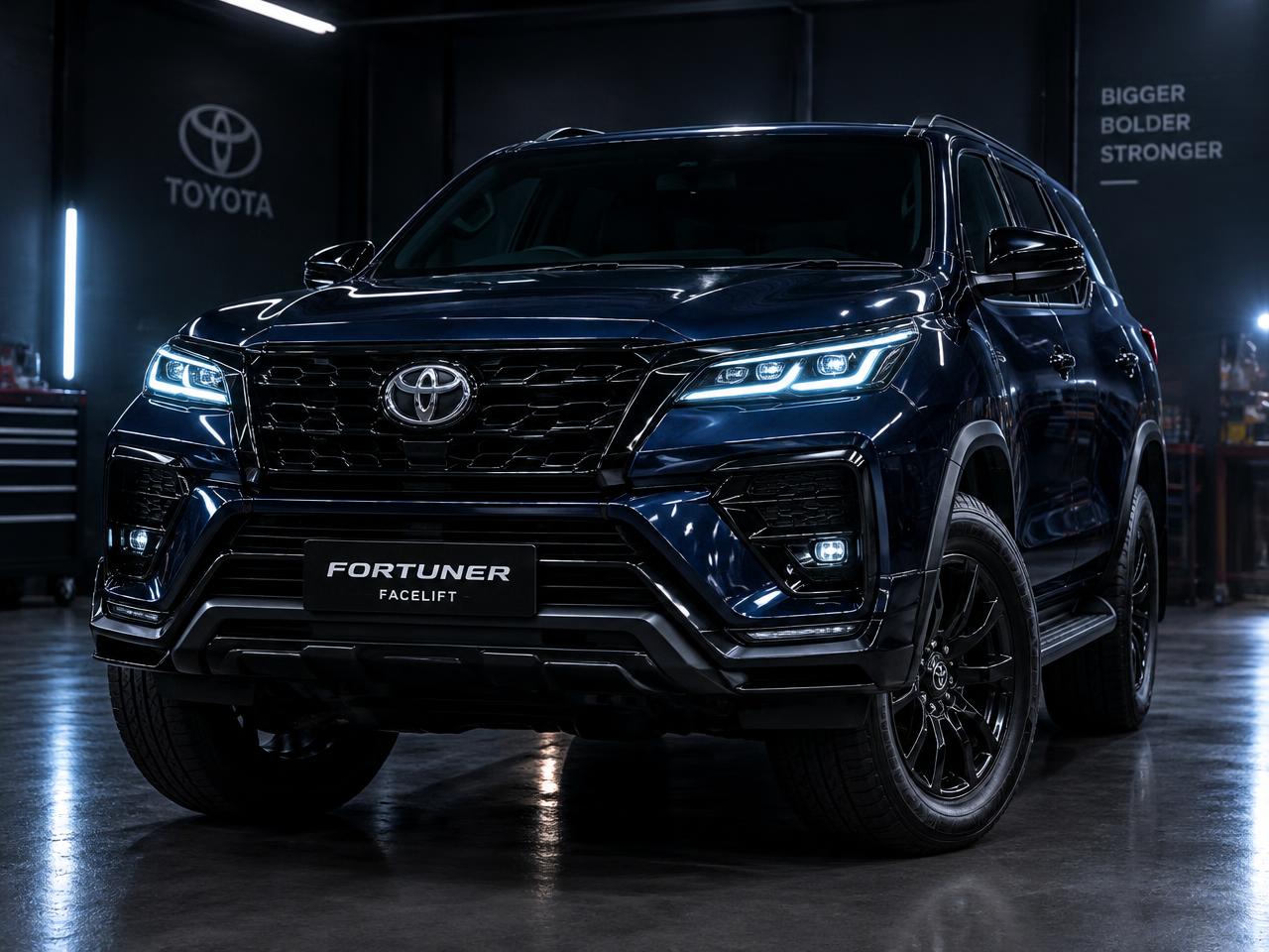 Dark blue Toyota Fortuner with a black-out facelift and LED headlights