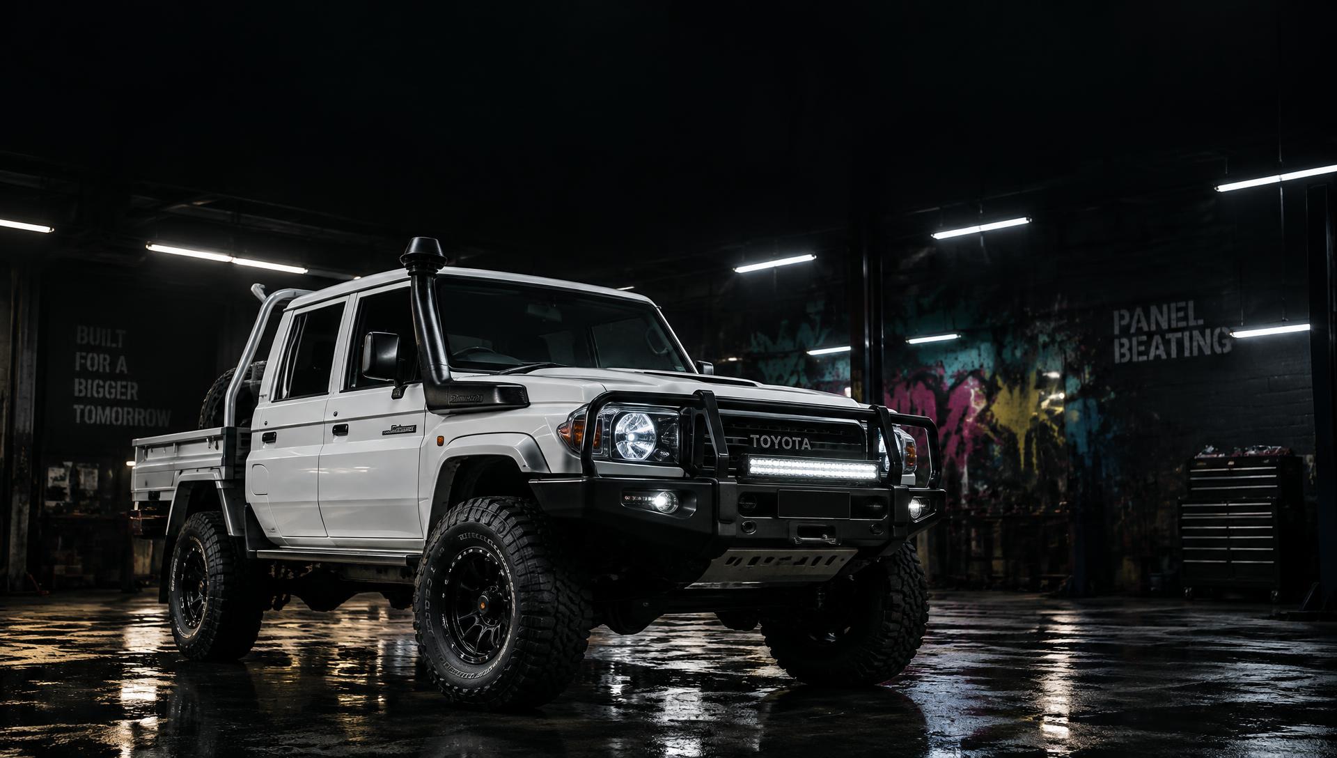 Lifted white Toyota Land Cruiser with bullbar and snorkel in a dark custom workshop